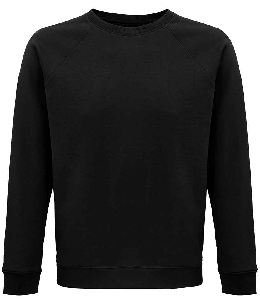 SOL'S Unisex Space Organic Raglan Sweatshirt in Black by SOL'S — Custom branded clothing by Print Press, featuring premium embroidery produced in our specialist print lab in the UK.