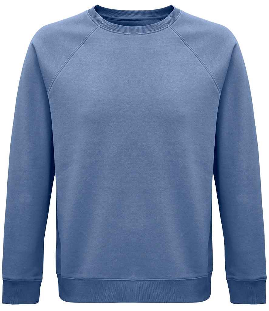 SOL'S Unisex Space Organic Raglan Sweatshirt in Blue by SOL'S — Custom branded clothing by Print Press, featuring premium embroidery produced in our specialist print lab in the UK.