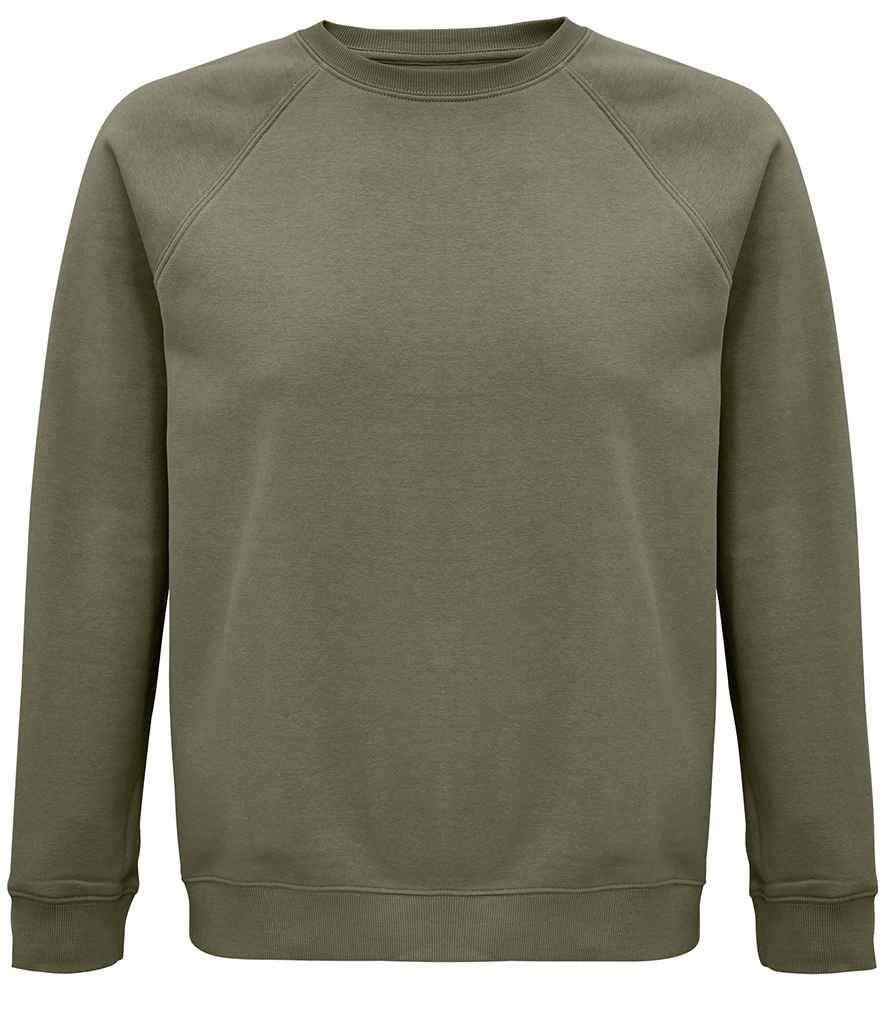 SOL'S Unisex Space Organic Raglan Sweatshirt in Khaki by SOL'S — Custom branded clothing by Print Press, featuring premium embroidery produced in our specialist print lab in the UK.