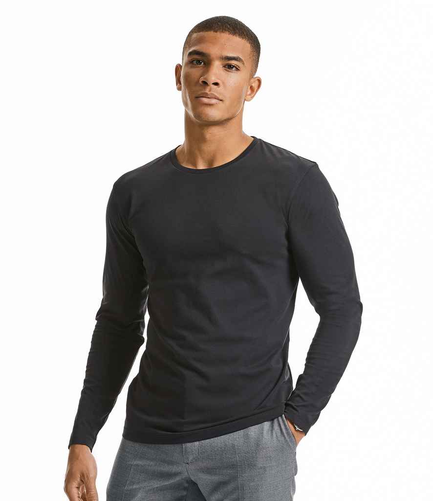 Russell Pure Organic Long Sleeve T-Shirt in Black by Russell — Custom branded clothing by Print Press, featuring premium embroidery produced in our specialist print lab in the UK.