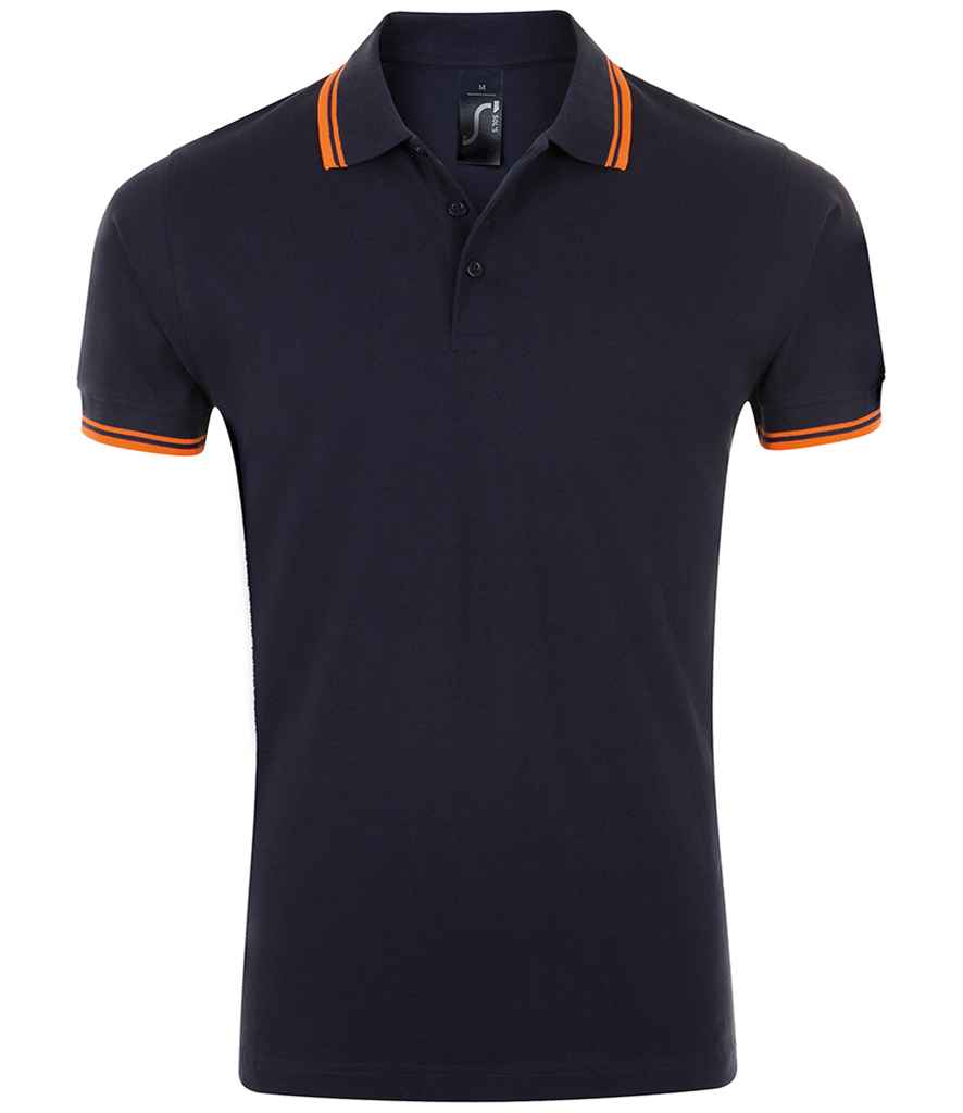 SOL'S Pasadena Tipped Cotton Piqué Polo Shirt in French Navy Neon Orange by SOL'S — Custom branded clothing by Print Press, featuring premium embroidery produced in our specialist print lab in the UK.