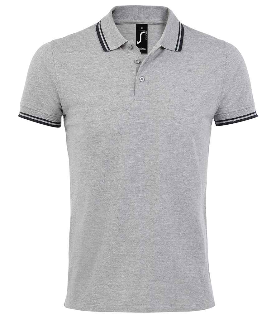 SOL'S Pasadena Tipped Cotton Piqué Polo Shirt in Heather Grey Navy by SOL'S — Custom branded clothing by Print Press, featuring premium embroidery produced in our specialist print lab in the UK.