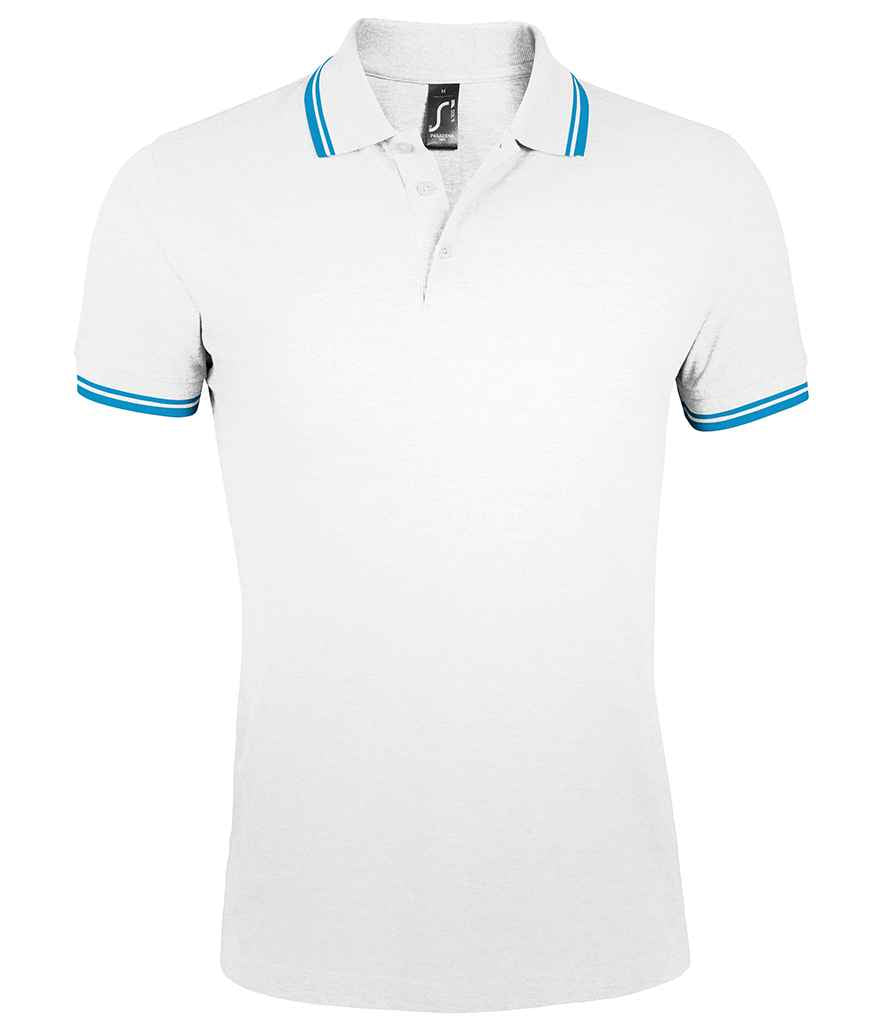 SOL'S Pasadena Tipped Cotton Piqué Polo Shirt in White Aqua by SOL'S — Custom branded clothing by Print Press, featuring premium embroidery produced in our specialist print lab in the UK.