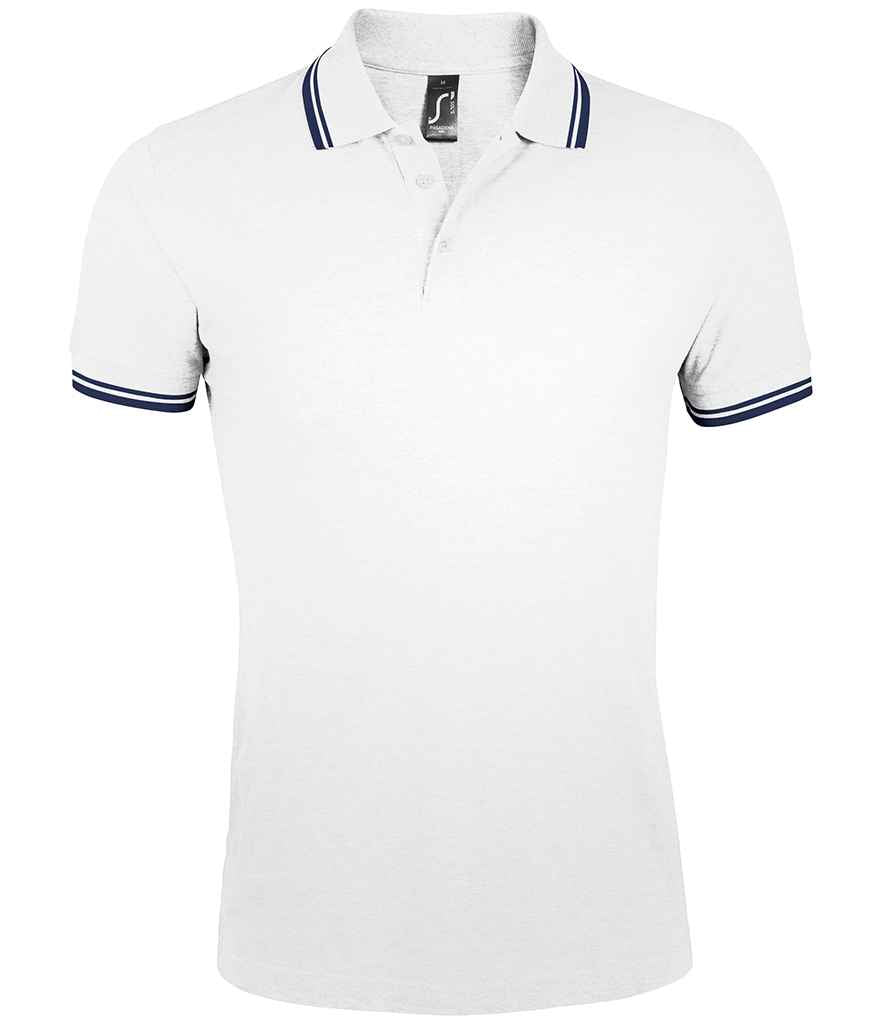 SOL'S Pasadena Tipped Cotton Piqué Polo Shirt in White Navy by SOL'S — Custom branded clothing by Print Press, featuring premium embroidery produced in our specialist print lab in the UK.