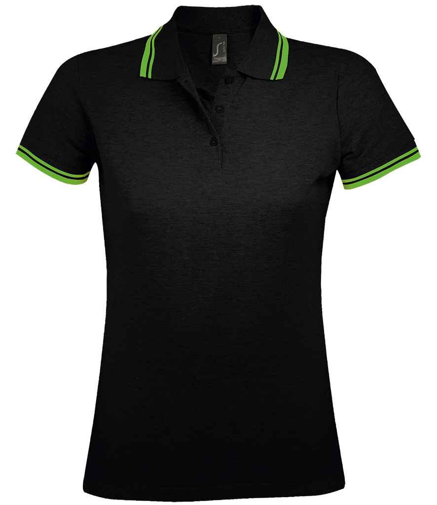 SOL'S Ladies Pasadena Tipped Cotton Piqué Polo Shirt in Black Lime Green by SOL'S — Custom branded clothing by Print Press, featuring premium embroidery produced in our specialist print lab in the UK.