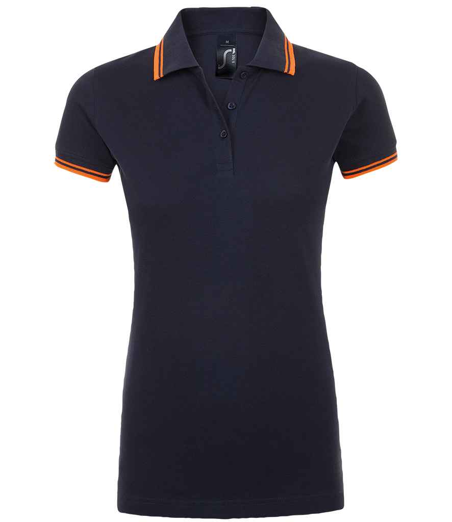 SOL'S Ladies Pasadena Tipped Cotton Piqué Polo Shirt in French Navy Neon Orange by SOL'S — Custom branded clothing by Print Press, featuring premium embroidery produced in our specialist print lab in the UK.