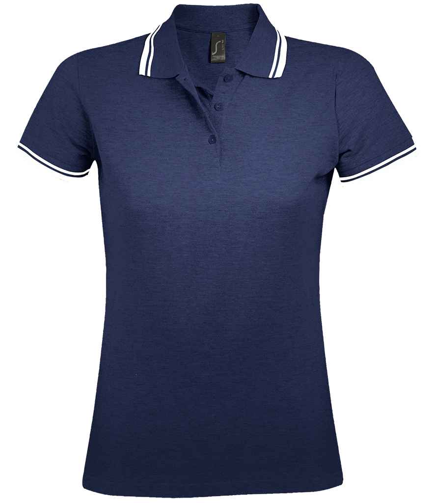 SOL'S Ladies Pasadena Tipped Cotton Piqué Polo Shirt in French Navy White by SOL'S — Custom branded clothing by Print Press, featuring premium embroidery produced in our specialist print lab in the UK.