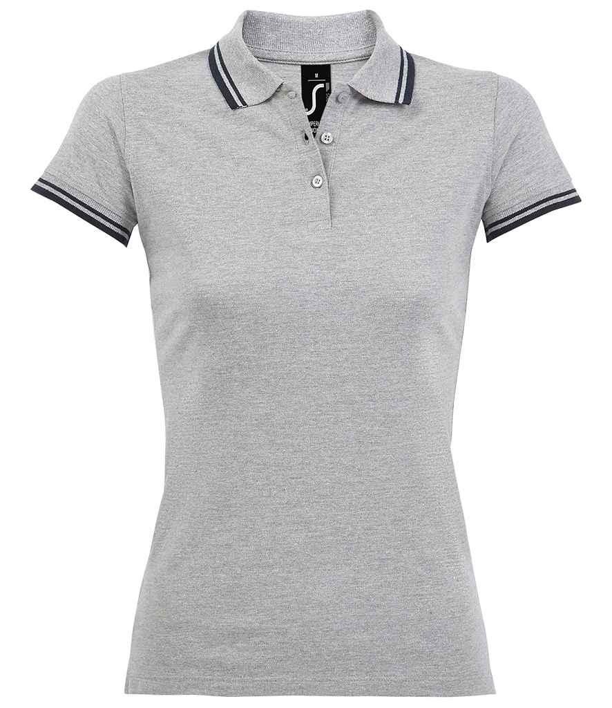 SOL'S Ladies Pasadena Tipped Cotton Piqué Polo Shirt in Heather Grey Navy by SOL'S — Custom branded clothing by Print Press, featuring premium embroidery produced in our specialist print lab in the UK.