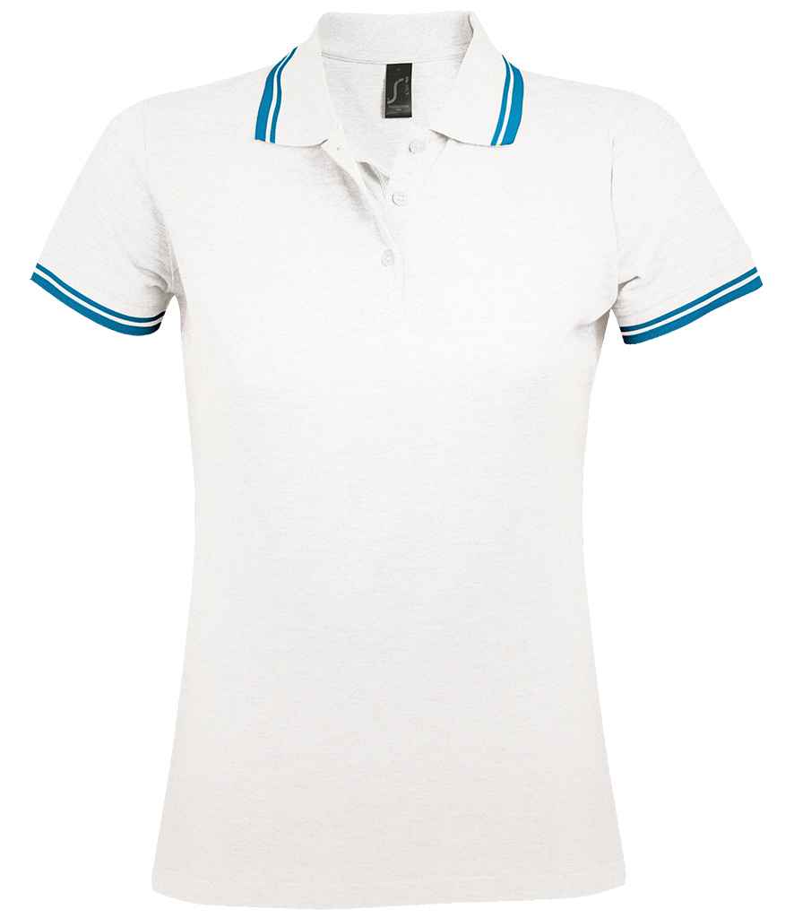 SOL'S Ladies Pasadena Tipped Cotton Piqué Polo Shirt in White Aqua by SOL'S — Custom branded clothing by Print Press, featuring premium embroidery produced in our specialist print lab in the UK.