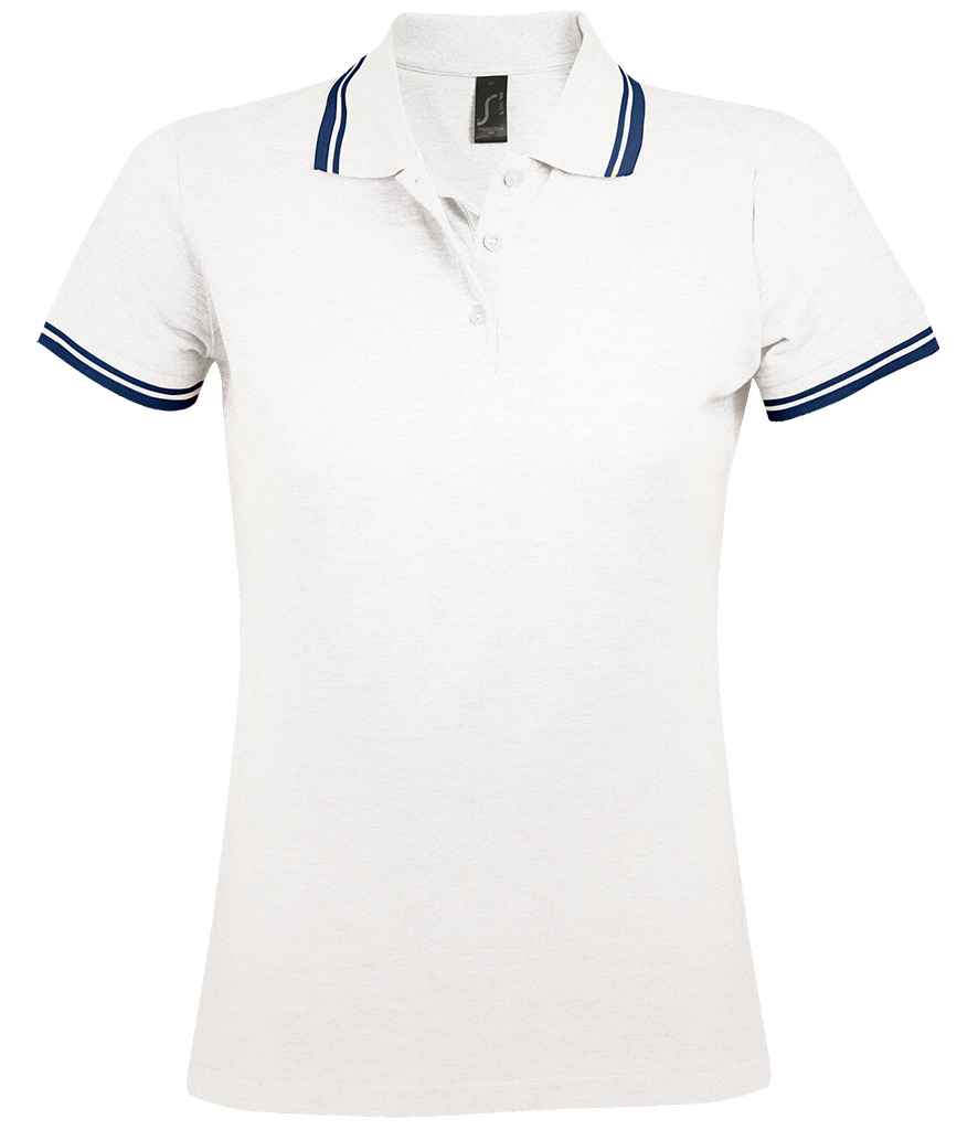SOL'S Ladies Pasadena Tipped Cotton Piqué Polo Shirt in White Navy by SOL'S — Custom branded clothing by Print Press, featuring premium embroidery produced in our specialist print lab in the UK.