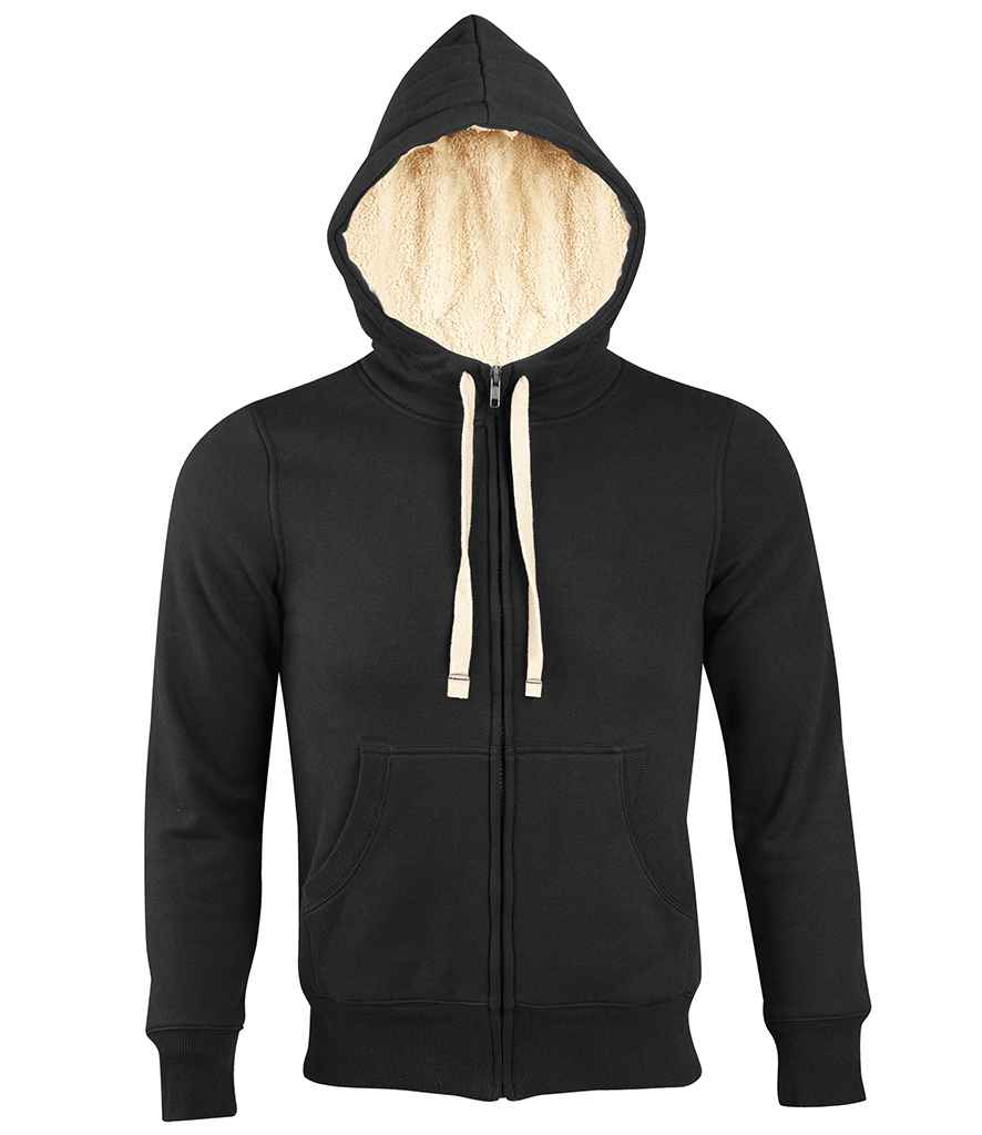 SOL'S Unisex Sherpa Hooded Jacket in Black by SOL'S — Custom branded clothing by Print Press, featuring premium embroidery produced in our specialist print lab in the UK.