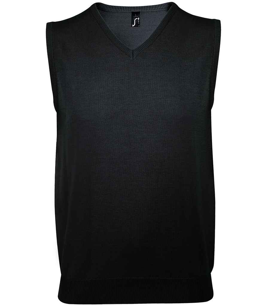 SOL'S Unisex Gentlemen Sleeveless Cotton Acrylic V Neck Sweater in Black by SOL'S — Custom branded clothing by Print Press, featuring premium embroidery produced in our specialist print lab in the UK.