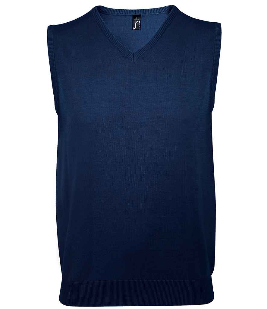 SOL'S Unisex Gentlemen Sleeveless Cotton Acrylic V Neck Sweater in Navy by SOL'S — Custom branded clothing by Print Press, featuring premium embroidery produced in our specialist print lab in the UK.