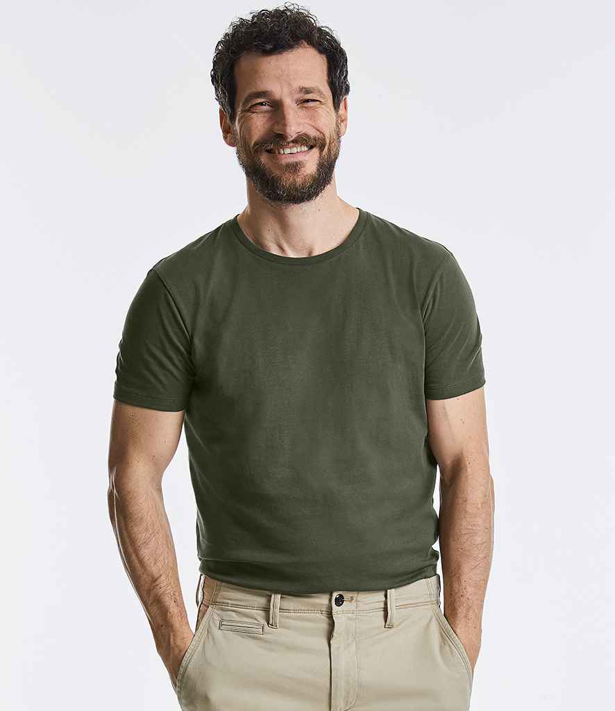 Russell Pure Organic T-Shirt in Dark Olive by Russell — Custom branded clothing by Print Press, featuring premium embroidery produced in our specialist print lab in the UK.