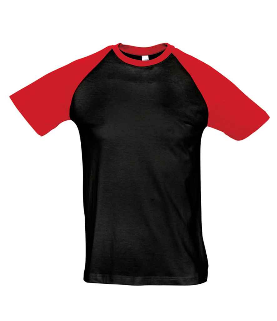 SOL'S Funky Contrast Baseball T-Shirt in Black Red by SOL'S — Custom branded clothing by Print Press, featuring premium embroidery produced in our specialist print lab in the UK.