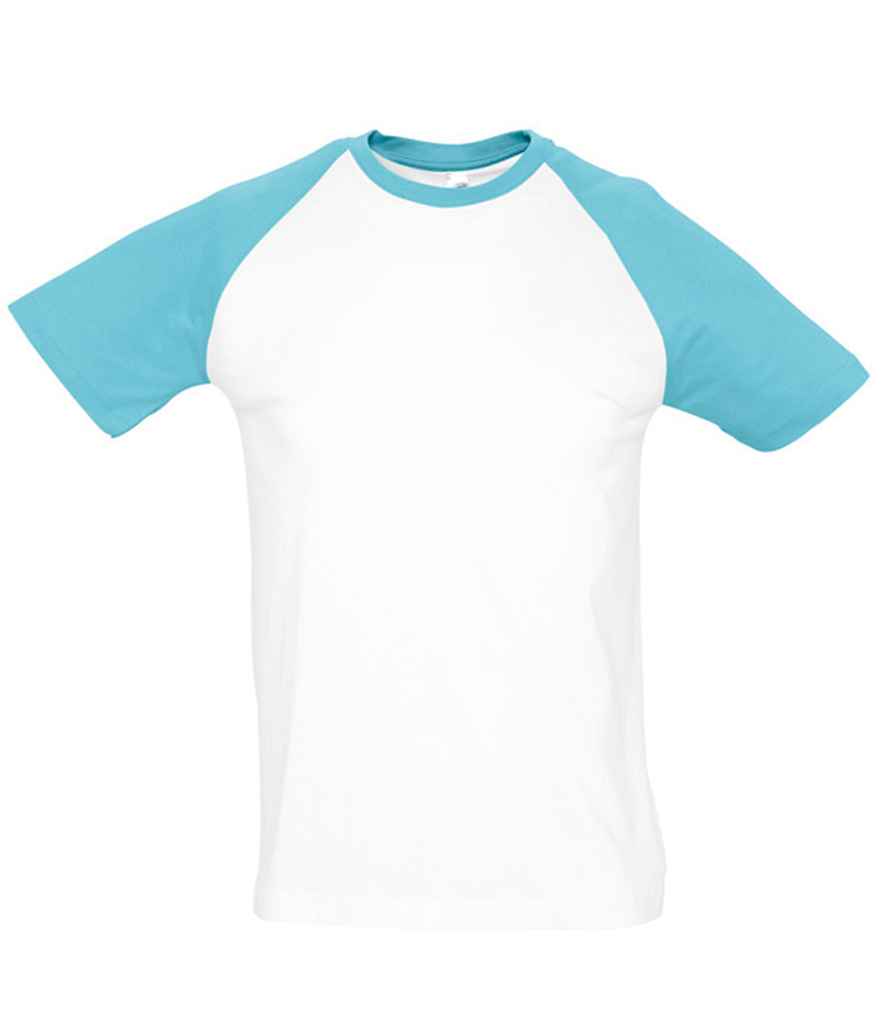 SOL'S Funky Contrast Baseball T-Shirt in White Atoll Blue by SOL'S — Custom branded clothing by Print Press, featuring premium embroidery produced in our specialist print lab in the UK.