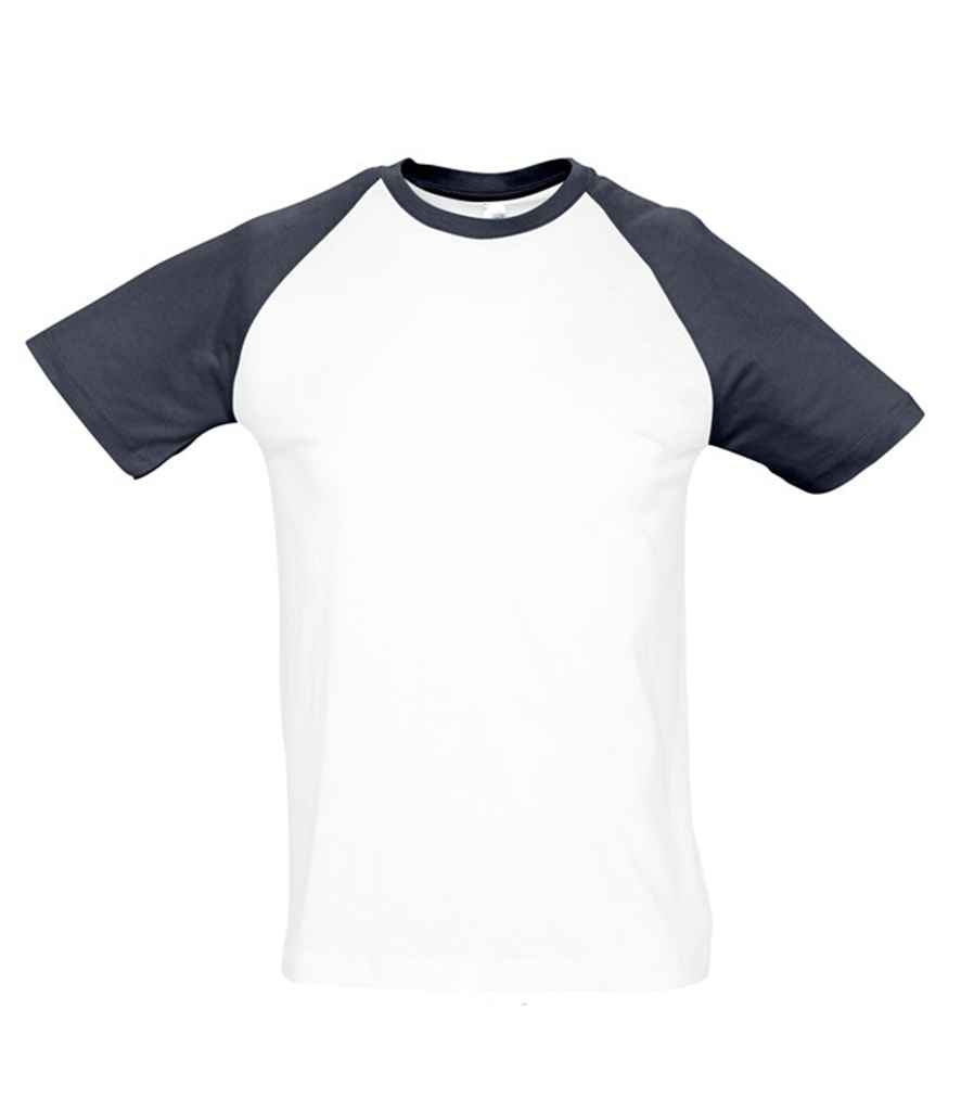 SOL'S Funky Contrast Baseball T-Shirt in White Navy by SOL'S — Custom branded clothing by Print Press, featuring premium embroidery produced in our specialist print lab in the UK.