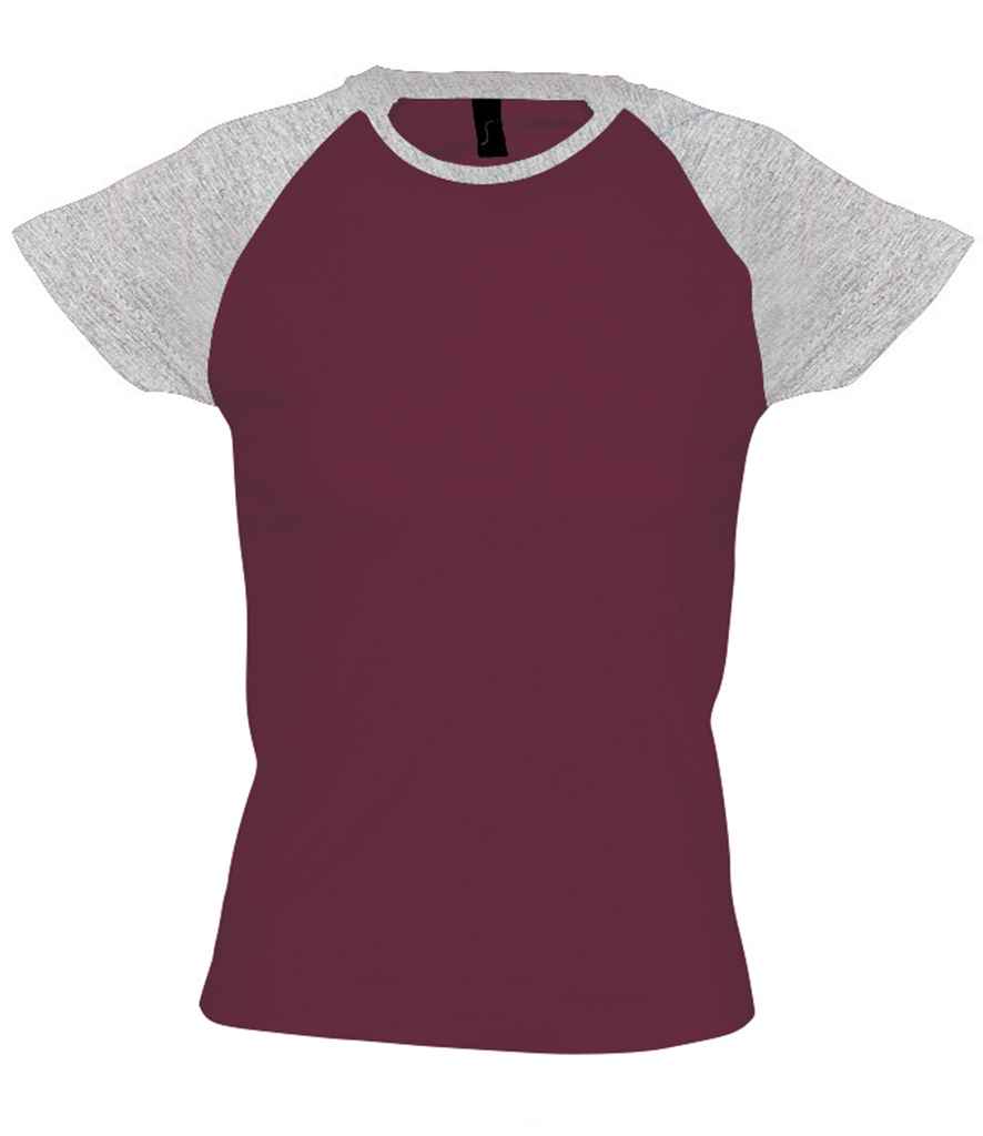 SOL'S Ladies Milky Contrast Baseball T-Shirt in Burgundy Grey Marl by SOL'S — Custom branded clothing by Print Press, featuring premium embroidery produced in our specialist print lab in the UK.