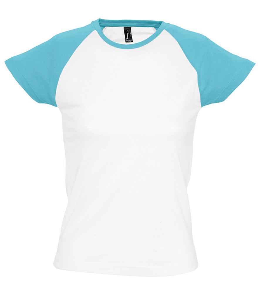 SOL'S Ladies Milky Contrast Baseball T-Shirt in White Atoll Blue by SOL'S — Custom branded clothing by Print Press, featuring premium embroidery produced in our specialist print lab in the UK.