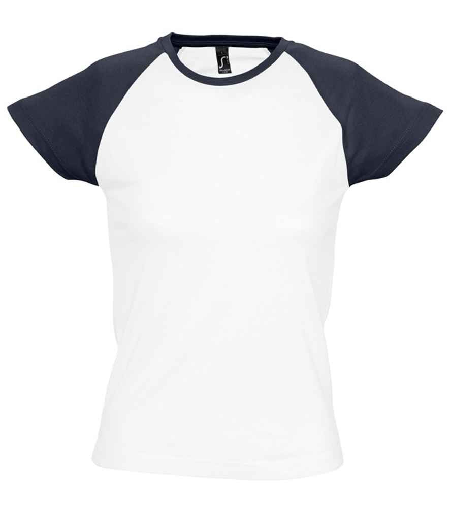 SOL'S Ladies Milky Contrast Baseball T-Shirt in White Navy by SOL'S — Custom branded clothing by Print Press, featuring premium embroidery produced in our specialist print lab in the UK.