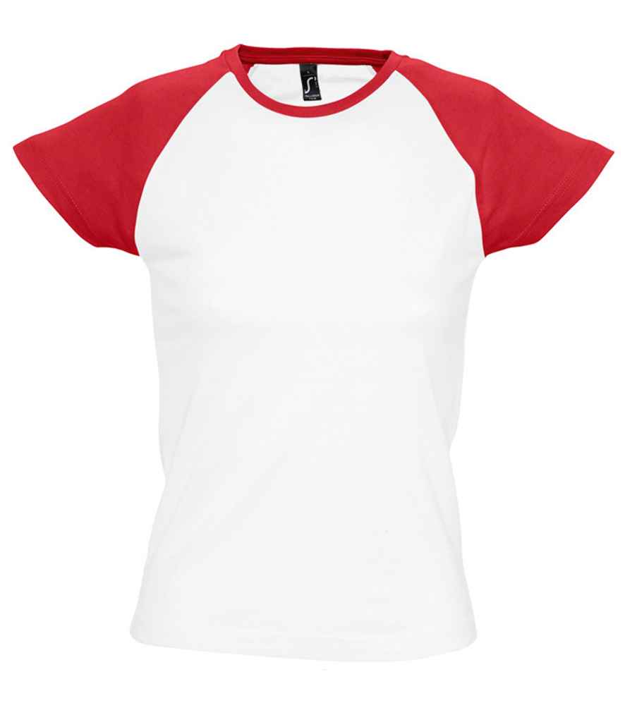 SOL'S Ladies Milky Contrast Baseball T-Shirt in White Red by SOL'S — Custom branded clothing by Print Press, featuring premium embroidery produced in our specialist print lab in the UK.