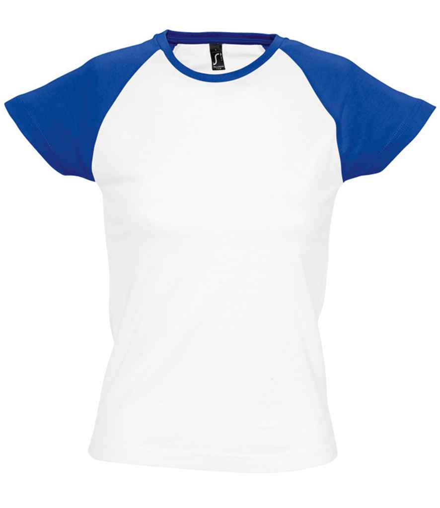 SOL'S Ladies Milky Contrast Baseball T-Shirt in White Royal Blue by SOL'S — Custom branded clothing by Print Press, featuring premium embroidery produced in our specialist print lab in the UK.