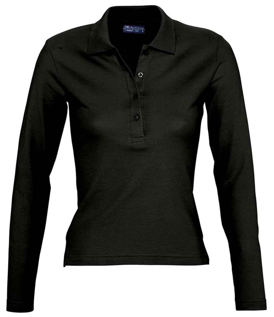 SOL'S Ladies Podium Long Sleeve Cotton Piqué Polo Shirt in Black by SOL'S — Custom branded clothing by Print Press, featuring premium embroidery produced in our specialist print lab in the UK.