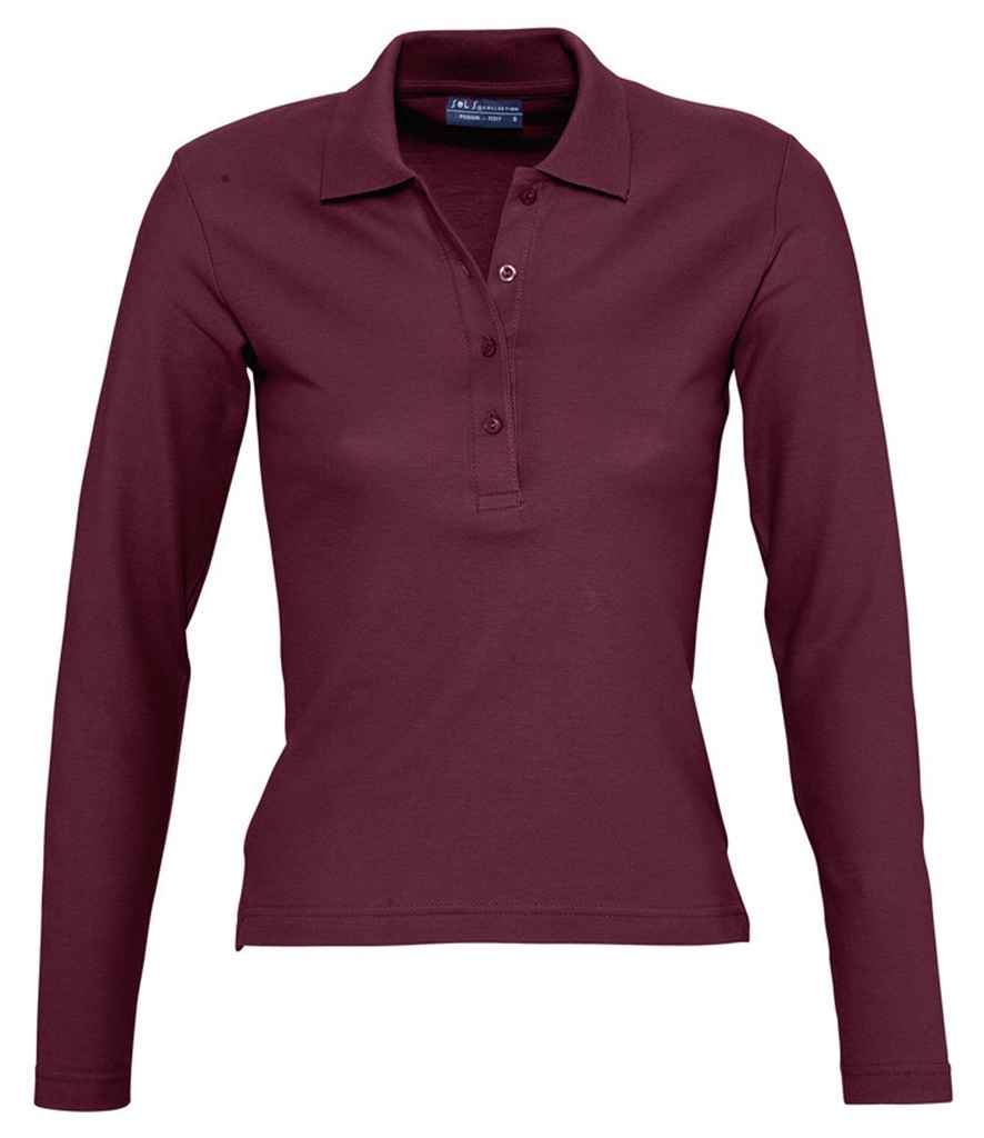 SOL'S Ladies Podium Long Sleeve Cotton Piqué Polo Shirt in Burgundy by SOL'S — Custom branded clothing by Print Press, featuring premium embroidery produced in our specialist print lab in the UK.