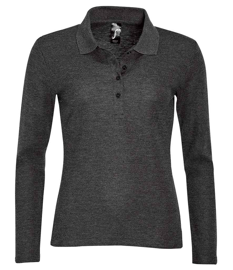 SOL'S Ladies Podium Long Sleeve Cotton Piqué Polo Shirt in Charcoal Marl by SOL'S — Custom branded clothing by Print Press, featuring premium embroidery produced in our specialist print lab in the UK.