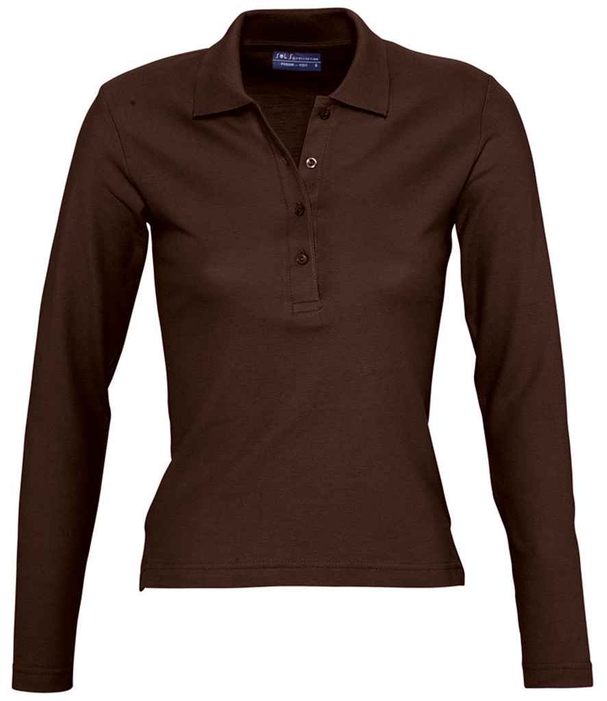 SOL'S Ladies Podium Long Sleeve Cotton Piqué Polo Shirt in Chocolate by SOL'S — Custom branded clothing by Print Press, featuring premium embroidery produced in our specialist print lab in the UK.