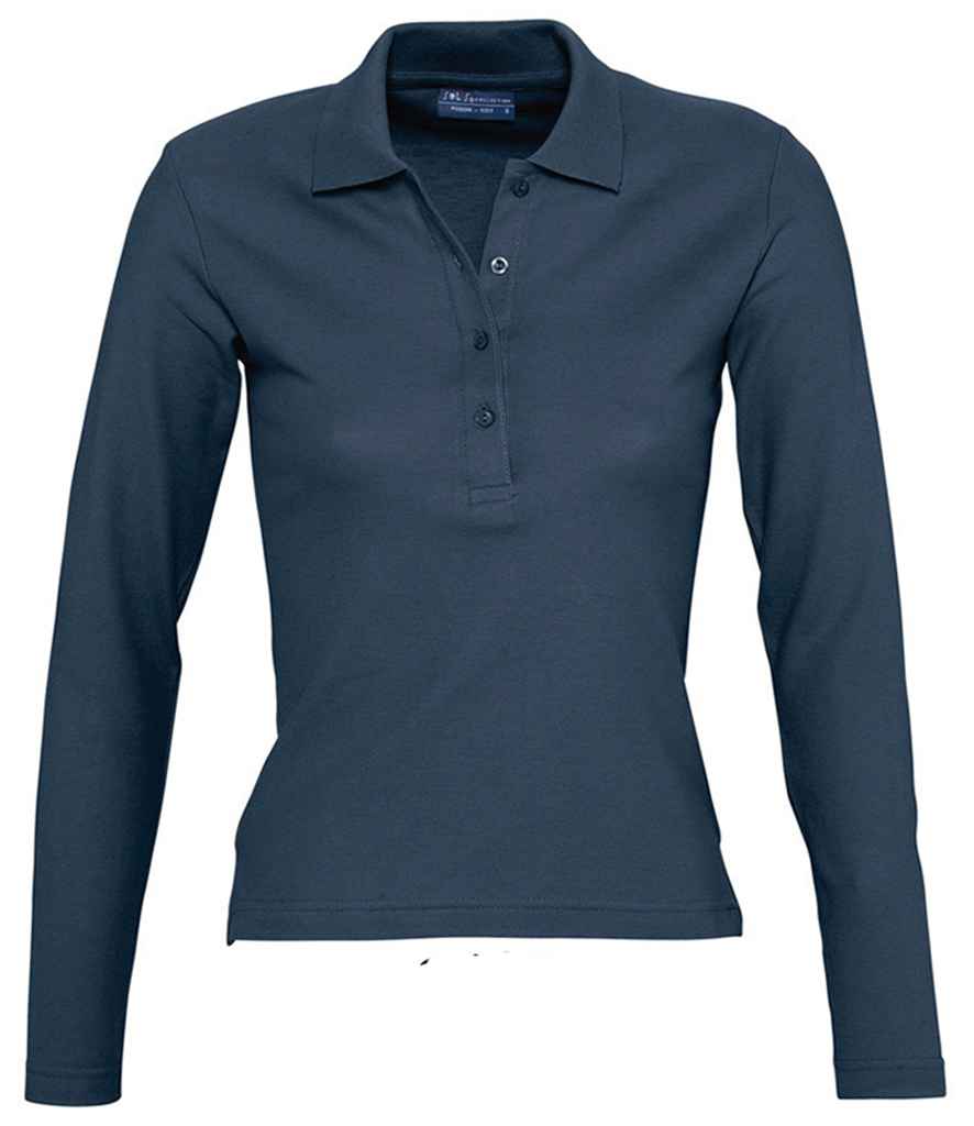 SOL'S Ladies Podium Long Sleeve Cotton Piqué Polo Shirt in Denim by SOL'S — Custom branded clothing by Print Press, featuring premium embroidery produced in our specialist print lab in the UK.