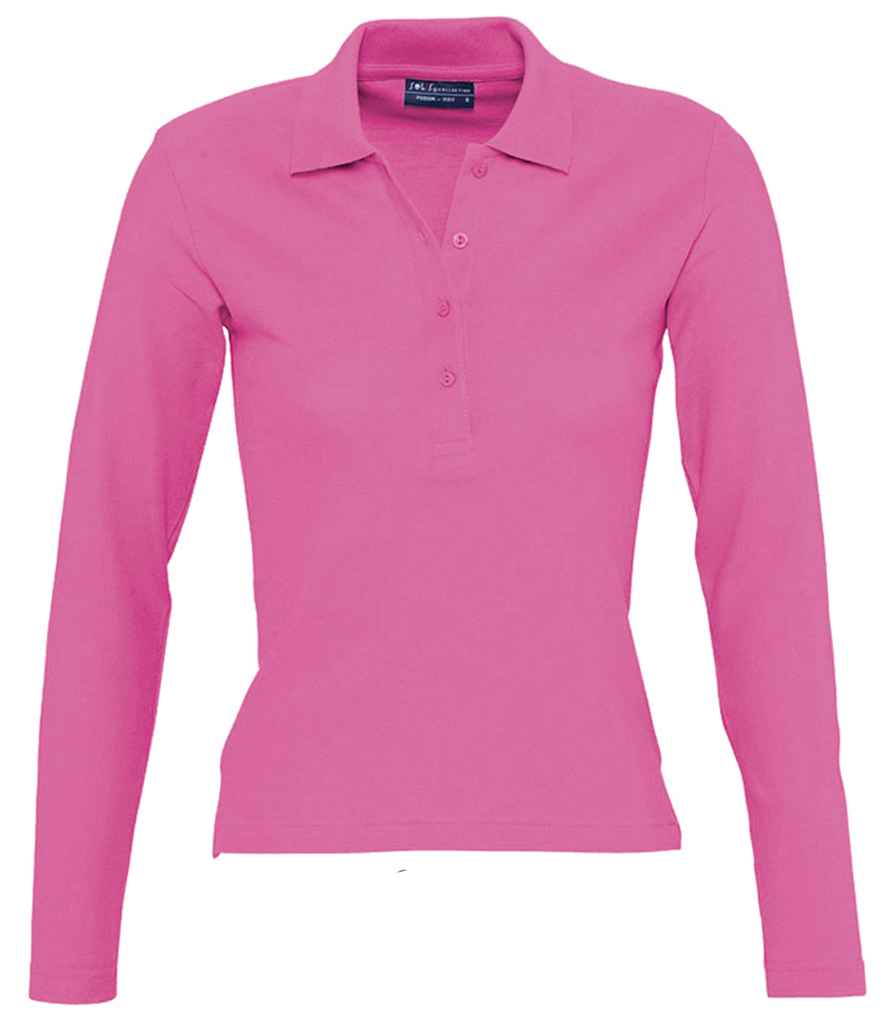 SOL'S Ladies Podium Long Sleeve Cotton Piqué Polo Shirt in Flash Pink by SOL'S — Custom branded clothing by Print Press, featuring premium embroidery produced in our specialist print lab in the UK.