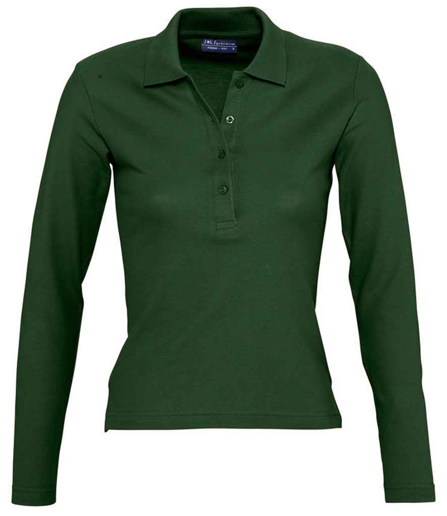 SOL'S Ladies Podium Long Sleeve Cotton Piqué Polo Shirt in Golf Green by SOL'S — Custom branded clothing by Print Press, featuring premium embroidery produced in our specialist print lab in the UK.