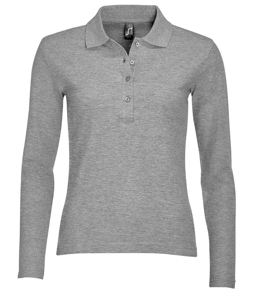 SOL'S Ladies Podium Long Sleeve Cotton Piqué Polo Shirt in Grey Marl by SOL'S — Custom branded clothing by Print Press, featuring premium embroidery produced in our specialist print lab in the UK.
