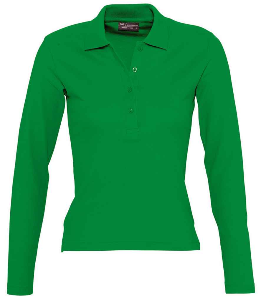SOL'S Ladies Podium Long Sleeve Cotton Piqué Polo Shirt in Kelly Green by SOL'S — Custom branded clothing by Print Press, featuring premium embroidery produced in our specialist print lab in the UK.