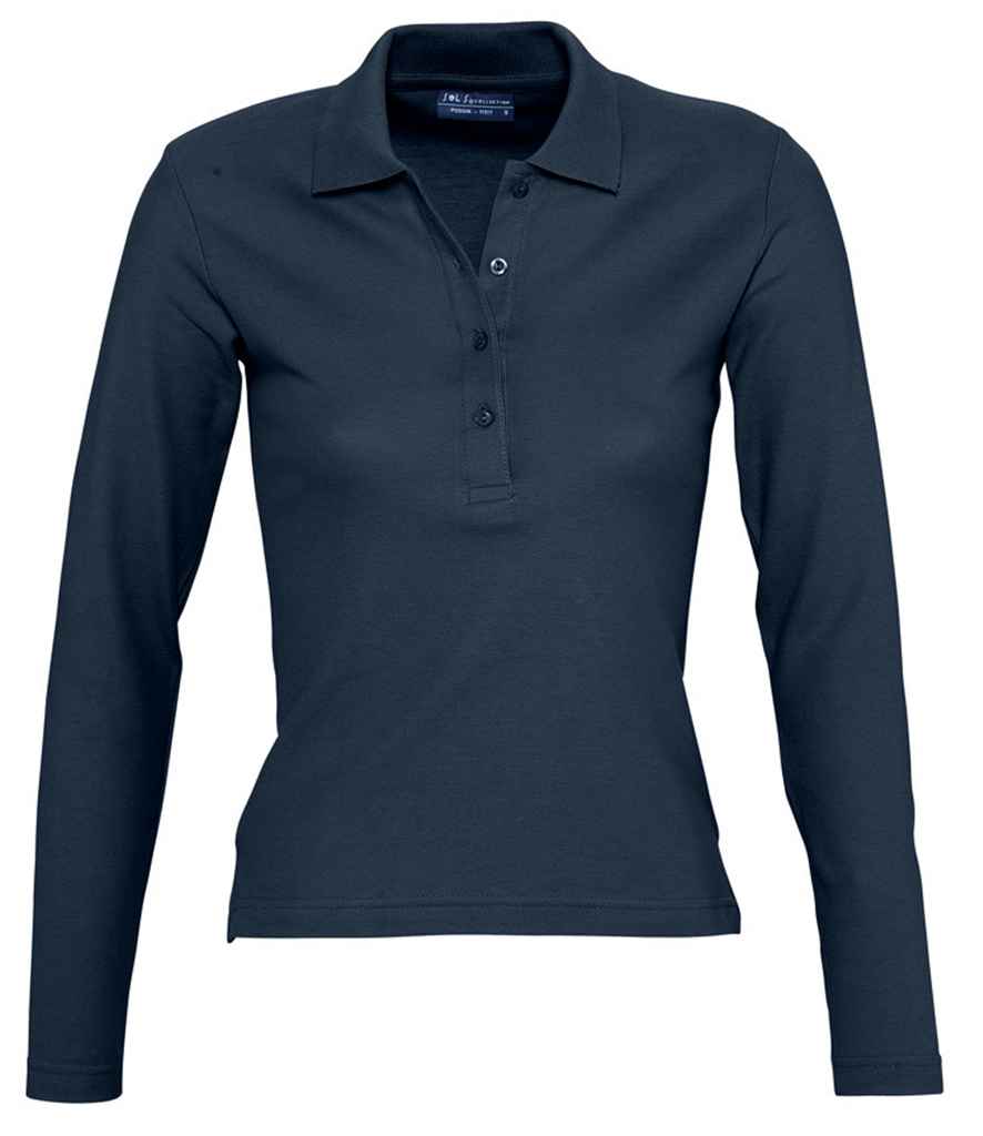 SOL'S Ladies Podium Long Sleeve Cotton Piqué Polo Shirt in Navy by SOL'S — Custom branded clothing by Print Press, featuring premium embroidery produced in our specialist print lab in the UK.