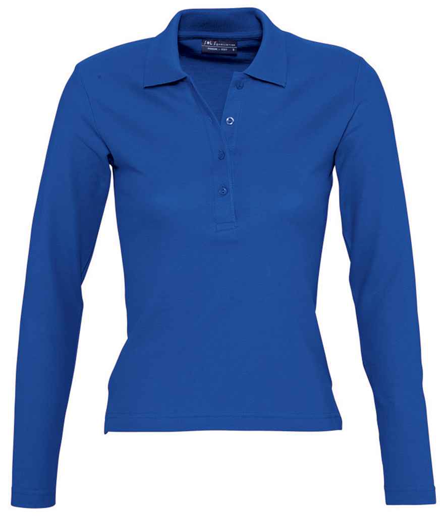 SOL'S Ladies Podium Long Sleeve Cotton Piqué Polo Shirt in Royal Blue by SOL'S — Custom branded clothing by Print Press, featuring premium embroidery produced in our specialist print lab in the UK.