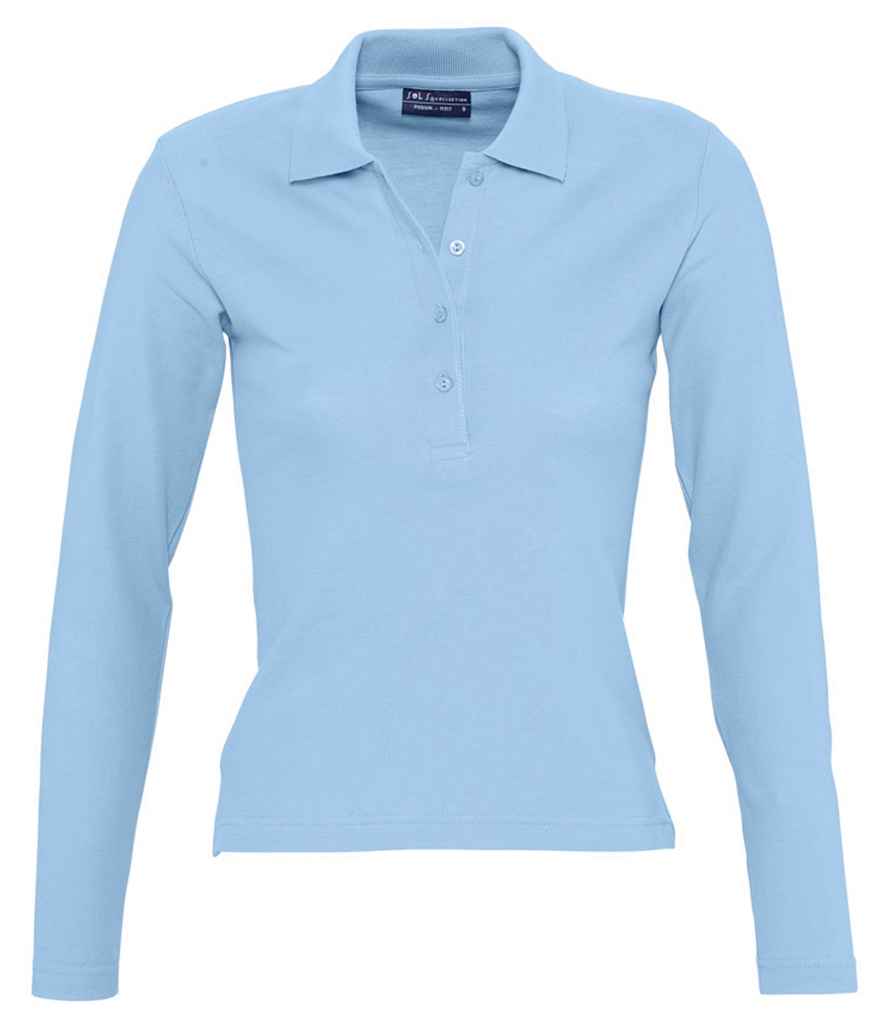 SOL'S Ladies Podium Long Sleeve Cotton Piqué Polo Shirt in Sky Blue by SOL'S — Custom branded clothing by Print Press, featuring premium embroidery produced in our specialist print lab in the UK.