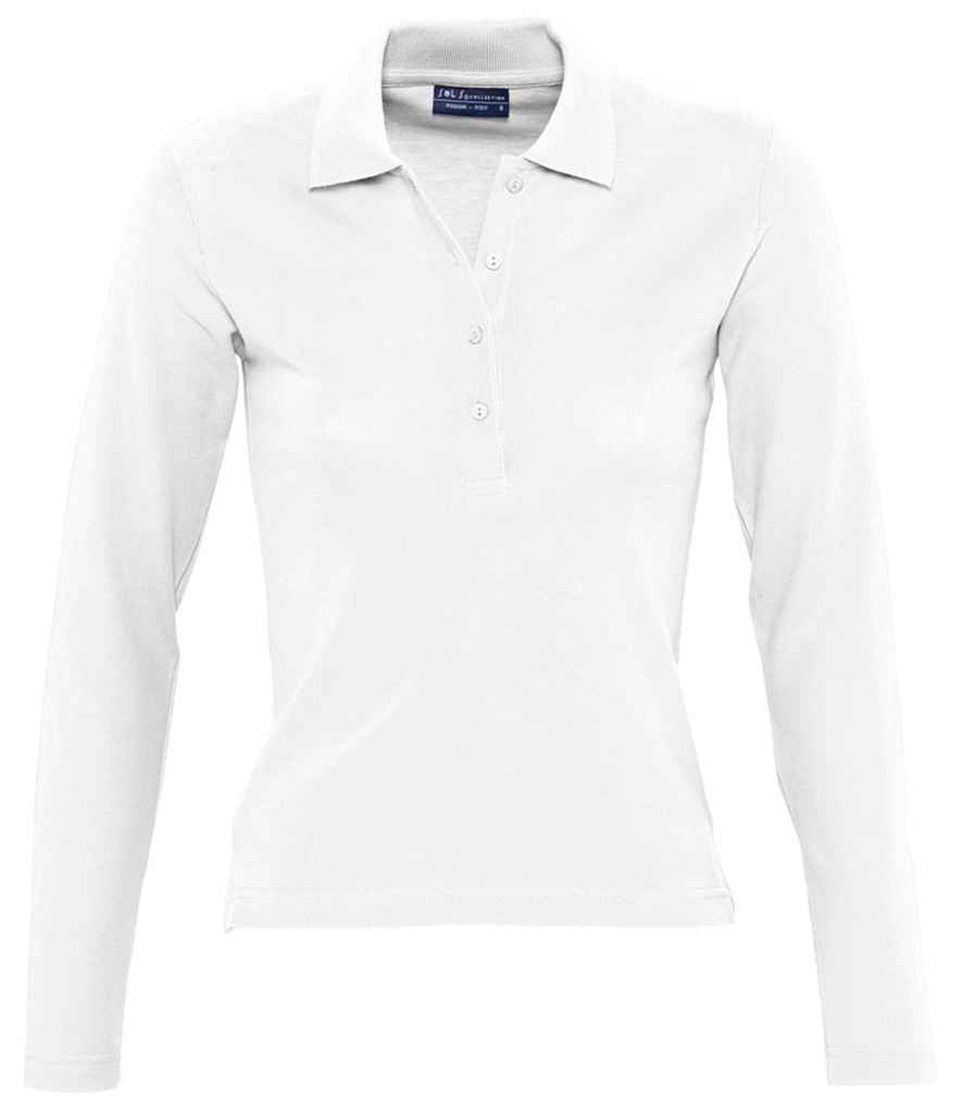 SOL'S Ladies Podium Long Sleeve Cotton Piqué Polo Shirt in White by SOL'S — Custom branded clothing by Print Press, featuring premium embroidery produced in our specialist print lab in the UK.