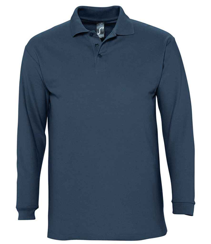 SOL'S Winter II Long Sleeve Cotton Piqué Polo Shirt in Denim by SOL'S — Custom branded clothing by Print Press, featuring premium embroidery produced in our specialist print lab in the UK.