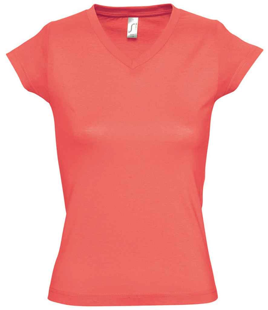 SOL'S Ladies Moon V Neck T-Shirt in Coral by SOL'S — Custom branded clothing by Print Press, featuring premium embroidery produced in our specialist print lab in the UK.