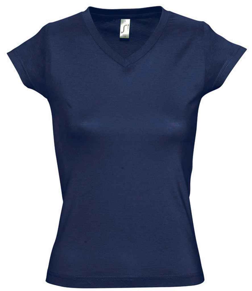 SOL'S Ladies Moon V Neck T-Shirt in French Navy by SOL'S — Custom branded clothing by Print Press, featuring premium embroidery produced in our specialist print lab in the UK.