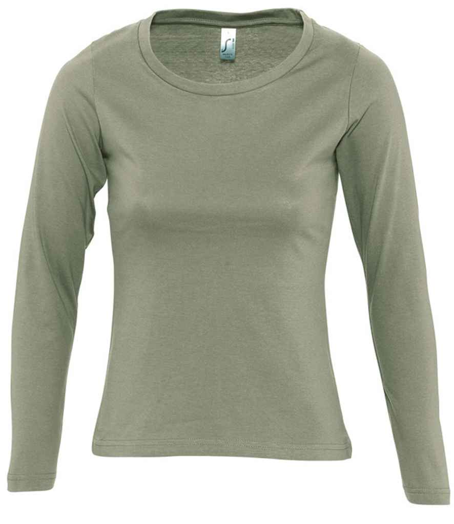 SOL'S Ladies Majestic Long Sleeve T-Shirt in Khaki by SOL'S — Custom branded clothing by Print Press, featuring premium embroidery produced in our specialist print lab in the UK.