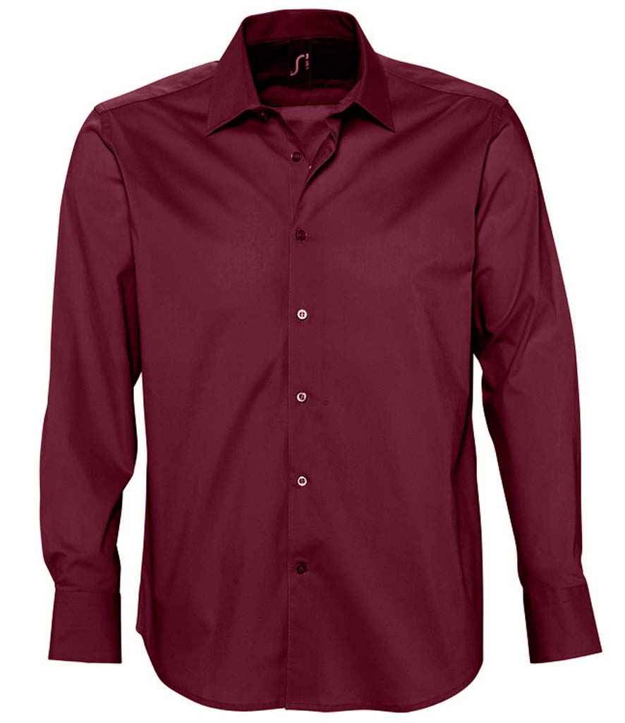 SOL'S Brighton Long Sleeve Fitted Shirt in Burgundy by SOL'S — Custom branded clothing by Print Press, featuring premium embroidery produced in our specialist print lab in the UK.