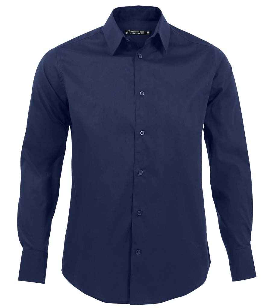 SOL'S Brighton Long Sleeve Fitted Shirt in Dark Blue by SOL'S — Custom branded clothing by Print Press, featuring premium embroidery produced in our specialist print lab in the UK.