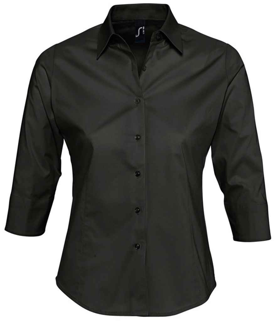 SOL'S Ladies Effect 3/4 Sleeve Fitted Shirt in Black by SOL'S — Custom branded clothing by Print Press, featuring premium embroidery produced in our specialist print lab in the UK.