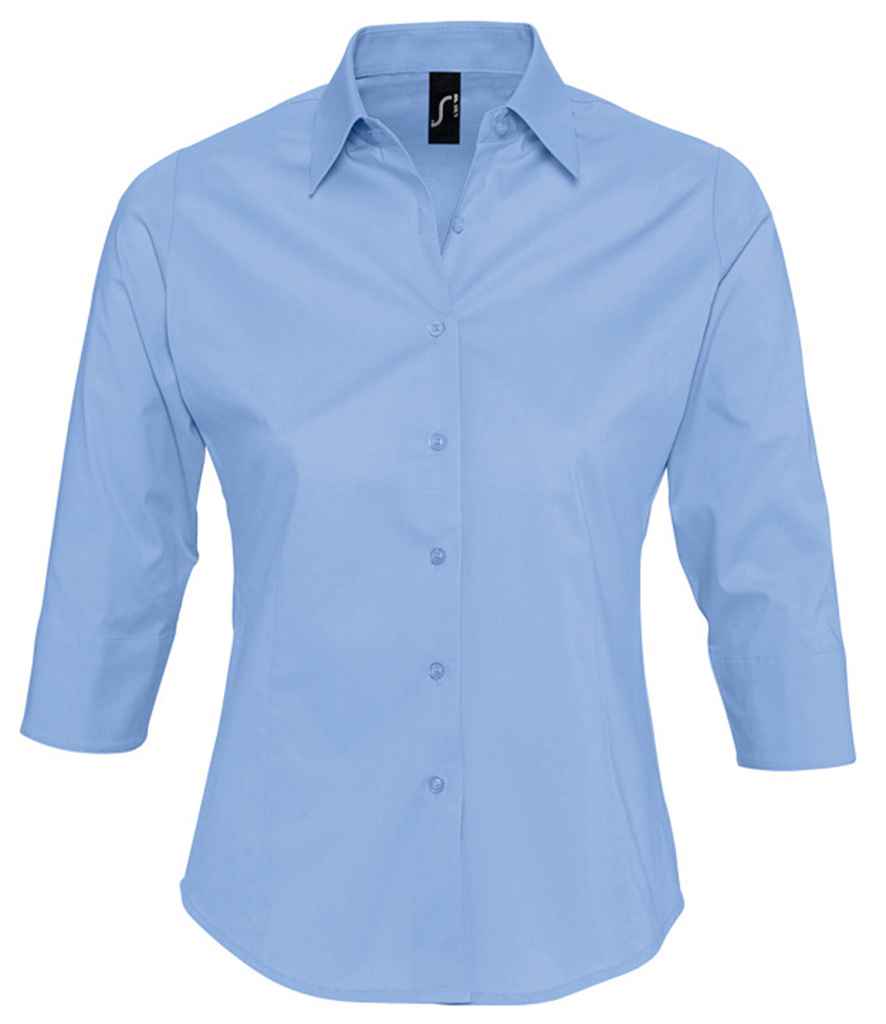 SOL'S Ladies Effect 3/4 Sleeve Fitted Shirt in Bright Sky by SOL'S — Custom branded clothing by Print Press, featuring premium embroidery produced in our specialist print lab in the UK.