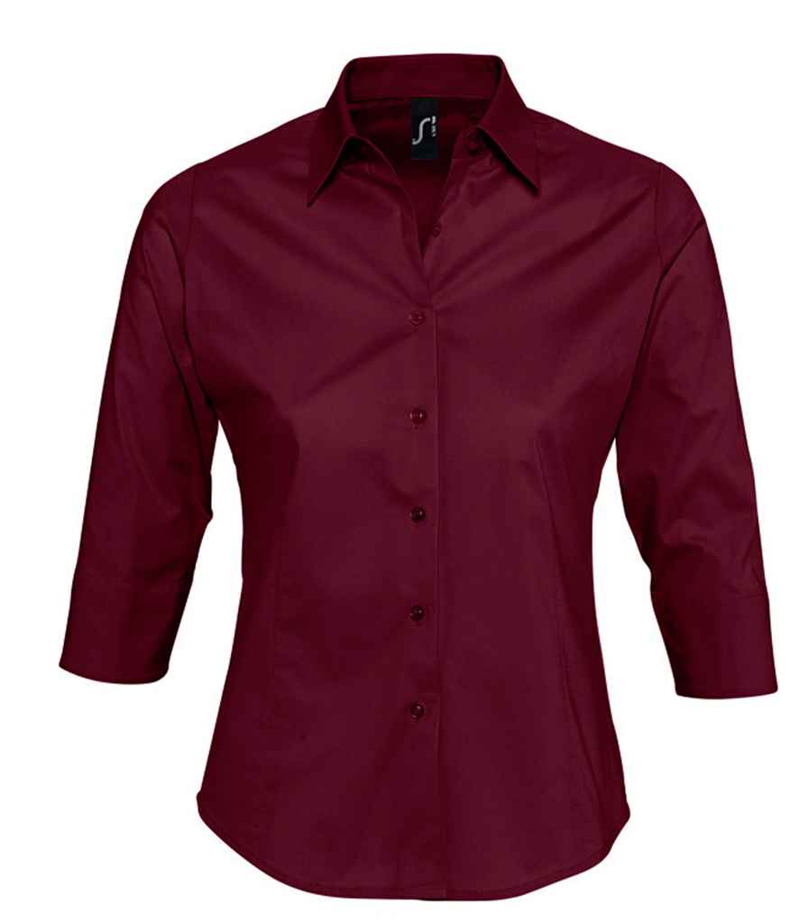 SOL'S Ladies Effect 3/4 Sleeve Fitted Shirt in Burgundy by SOL'S — Custom branded clothing by Print Press, featuring premium embroidery produced in our specialist print lab in the UK.