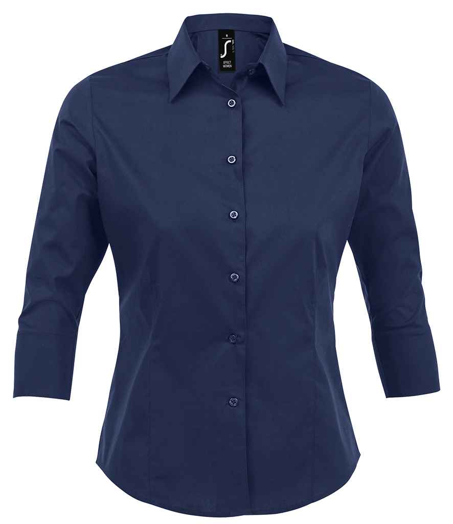 SOL'S Ladies Effect 3/4 Sleeve Fitted Shirt in Dark Blue by SOL'S — Custom branded clothing by Print Press, featuring premium embroidery produced in our specialist print lab in the UK.