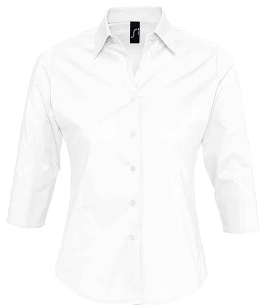 SOL'S Ladies Effect 3/4 Sleeve Fitted Shirt in White by SOL'S — Custom branded clothing by Print Press, featuring premium embroidery produced in our specialist print lab in the UK.